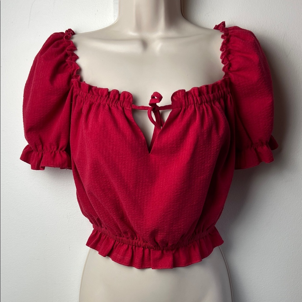MINKPINK Hadley Red Peasant Milkmaid Puff Sleeve Crop Off Shoulder Prarie NWT
